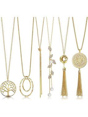 6Pcs Long Necklaces for Women | Tassel, Pendant, Circle Knot & Leaf Statement